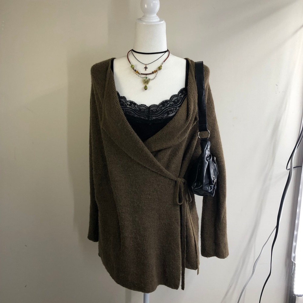 Zara Olive Green Wool Alpaca Blend Genuine Wrap Cardigan Sweater Womens Small